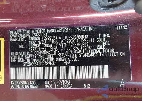 2013 Lexus Rx 350 z USA, uszkodzony, nr VIN 2T2BK1BA3DC182637